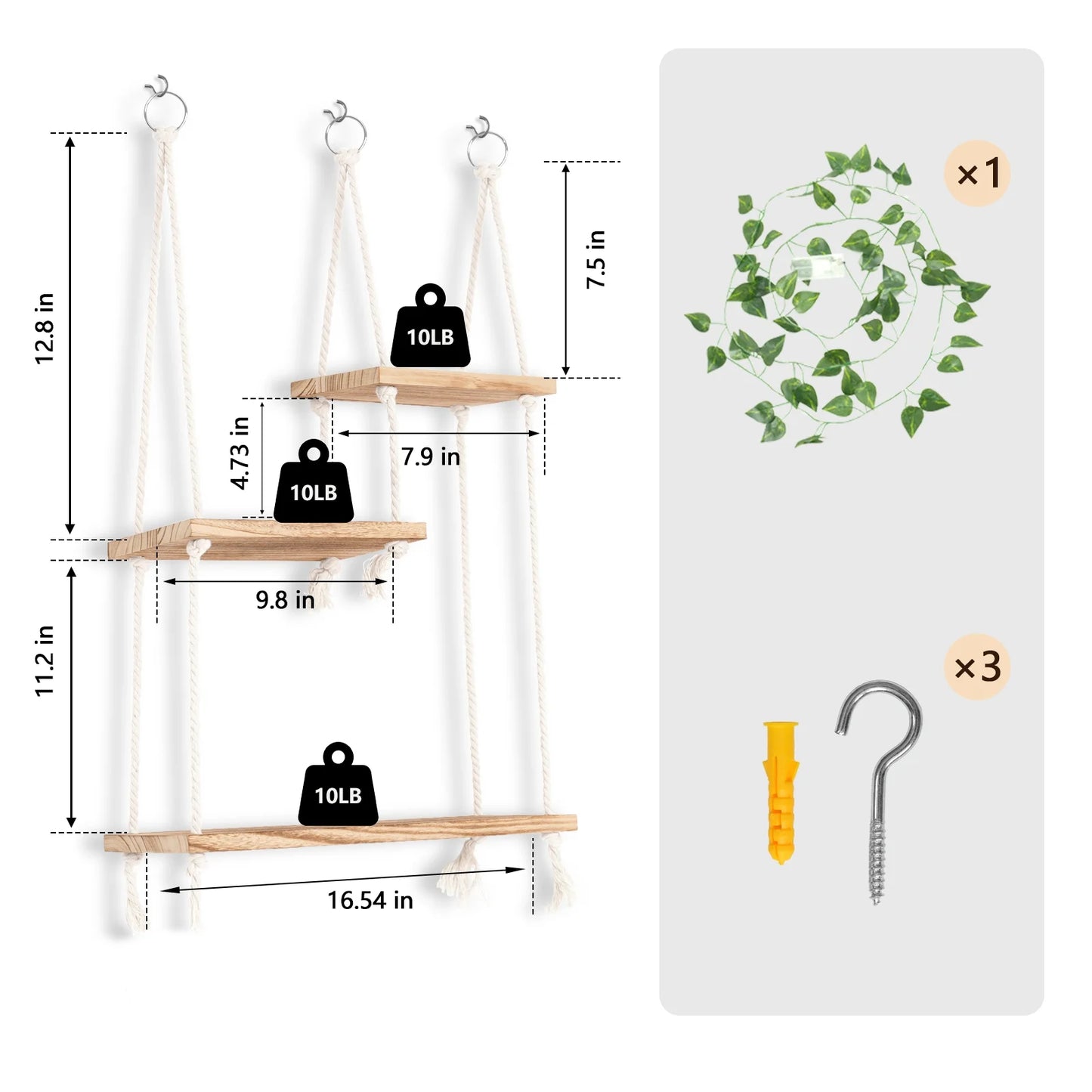 Hanging Shelves Boho Decorative Wood Sheves for Wall Hanging, Hanging Plant Shelf with Lights Floating Swing Storage Shelves, Indoor Wall Shelf Adjustable Rope