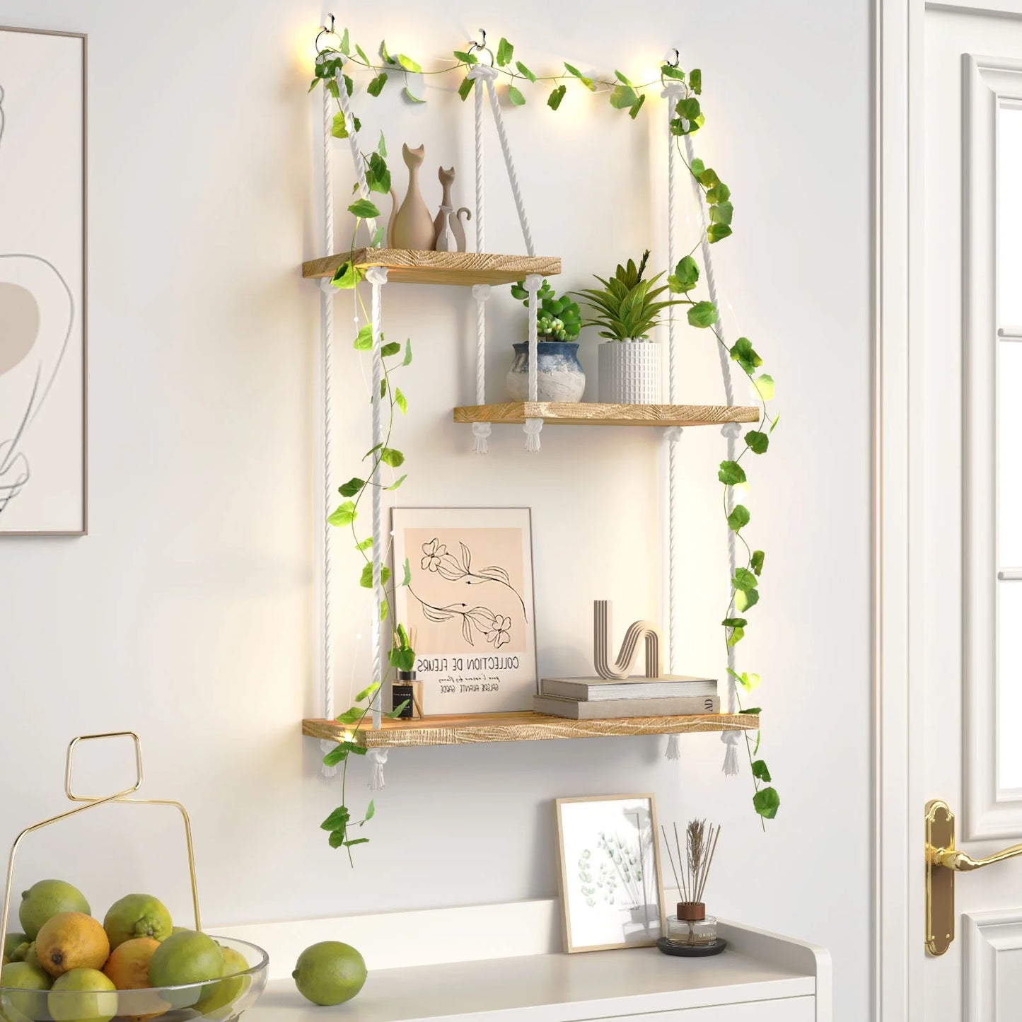 Hanging Shelves Boho Decorative Wood Sheves for Wall Hanging, Hanging Plant Shelf with Lights Floating Swing Storage Shelves, Indoor Wall Shelf Adjustable Rope