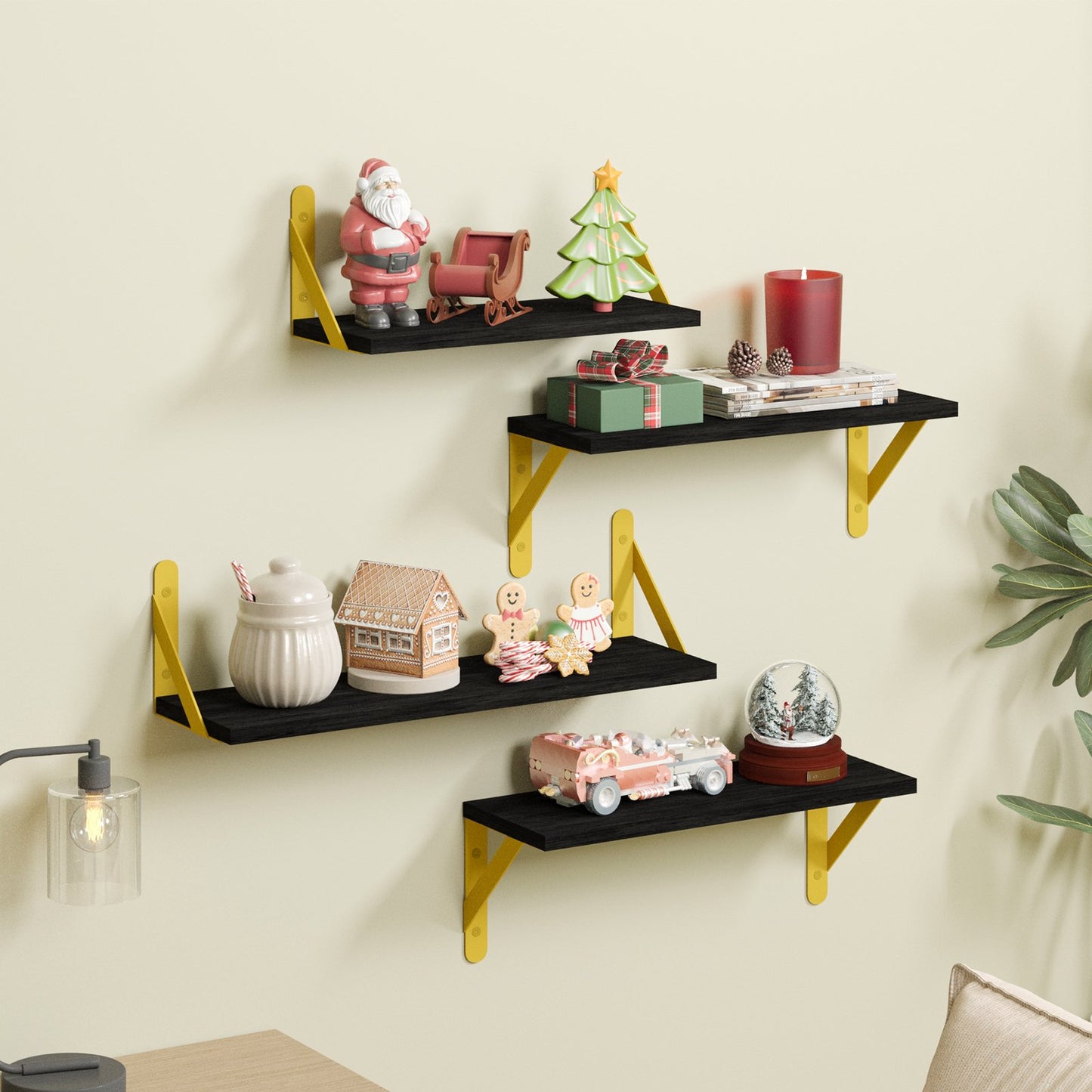 Fairy Floating Shelves, Rustic Wood Shelves, 4 Sets of Wall Mounted Shelf, 4.3x6.1x16.5inches, Black & Gold