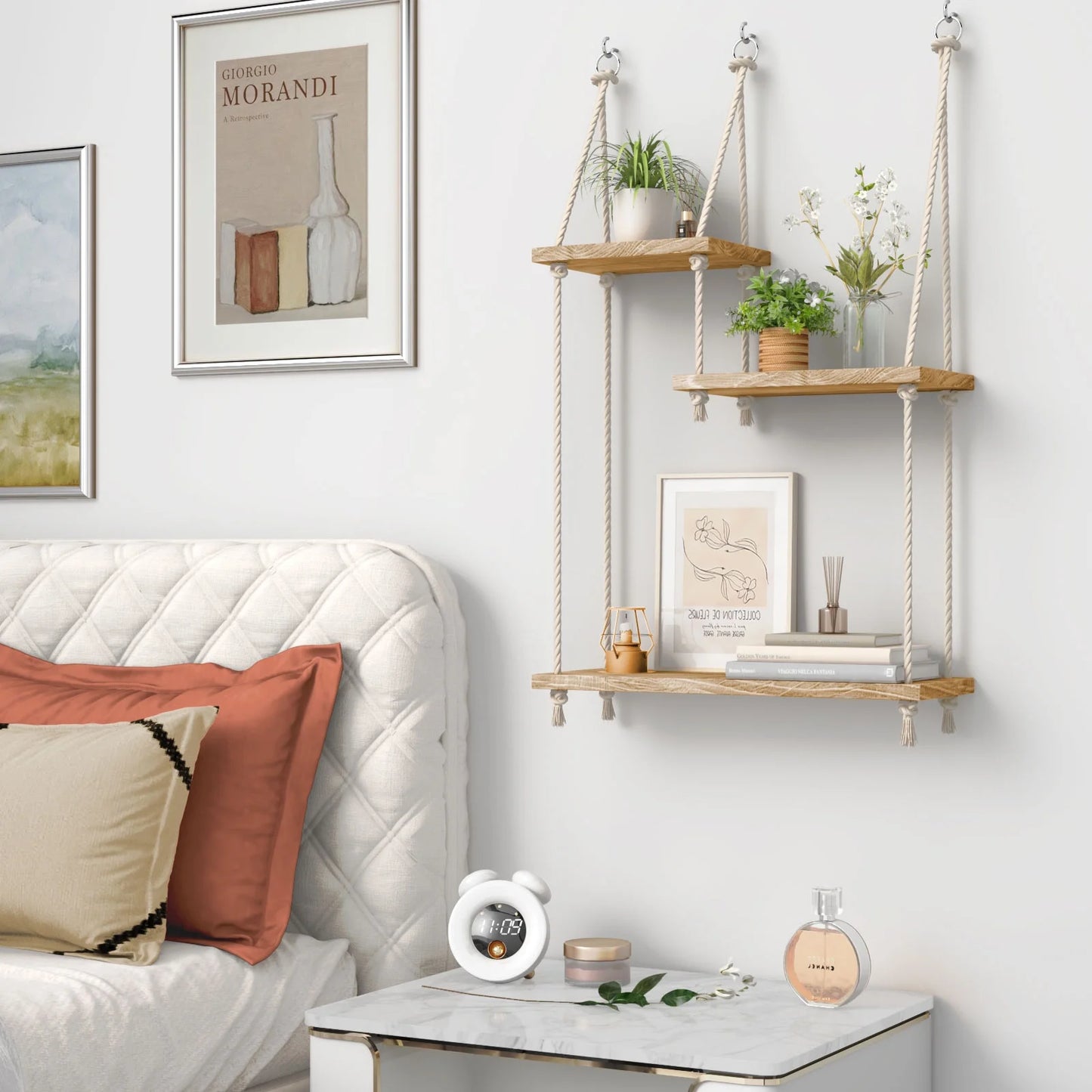 Hanging Shelves Boho Decorative Wood Sheves for Wall Hanging, Hanging Plant Shelf with Lights Floating Swing Storage Shelves, Indoor Wall Shelf Adjustable Rope