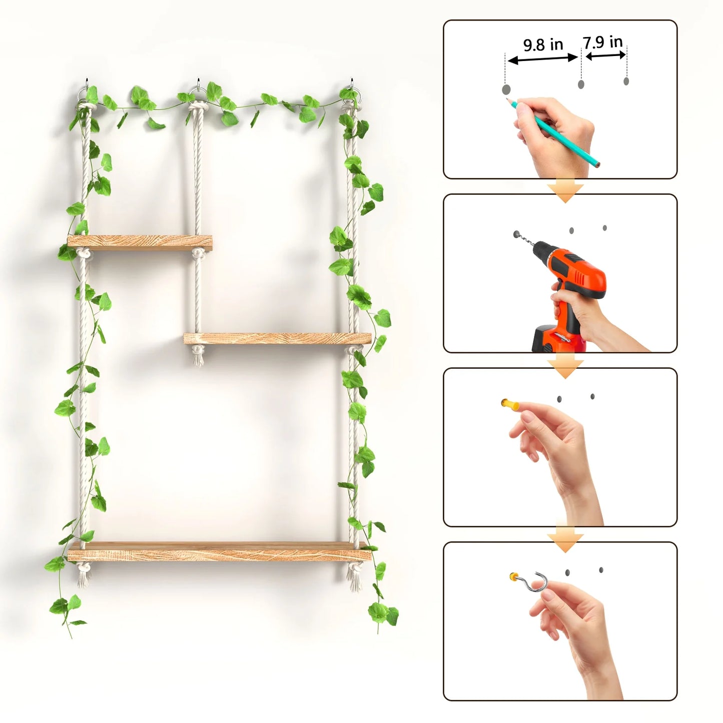 Hanging Shelves Boho Decorative Wood Sheves for Wall Hanging, Hanging Plant Shelf with Lights Floating Swing Storage Shelves, Indoor Wall Shelf Adjustable Rope