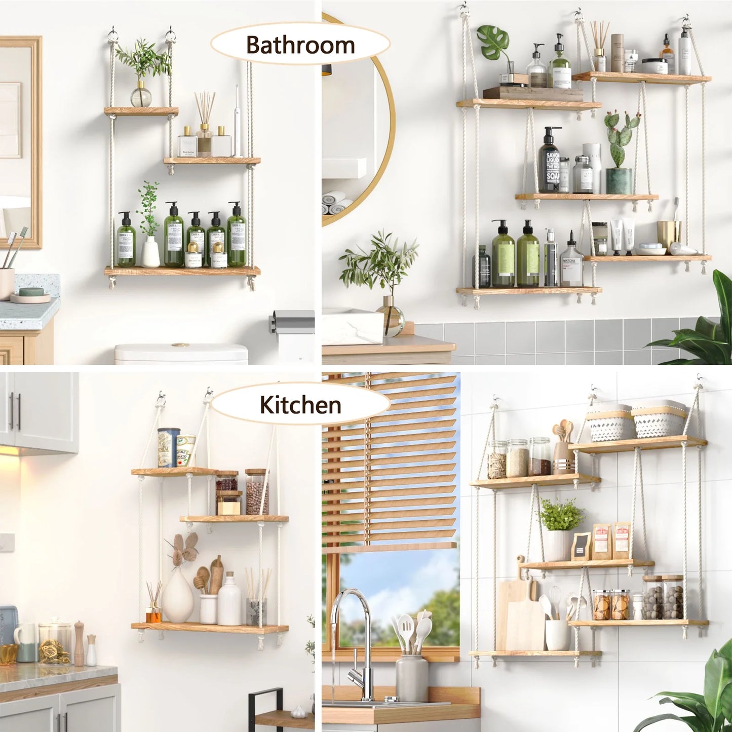 Hanging Shelves Boho Decorative Wood Sheves for Wall Hanging, Hanging Plant Shelf with Lights Floating Swing Storage Shelves, Indoor Wall Shelf Adjustable Rope