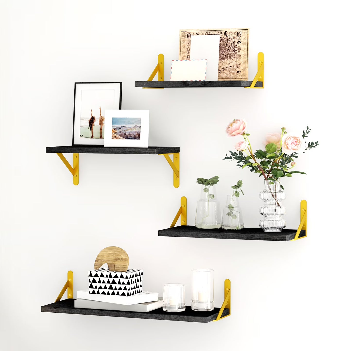 Fairy Floating Shelves, Rustic Wood Shelves, 4 Sets of Wall Mounted Shelf, 4.3x6.1x16.5inches, Black & Gold