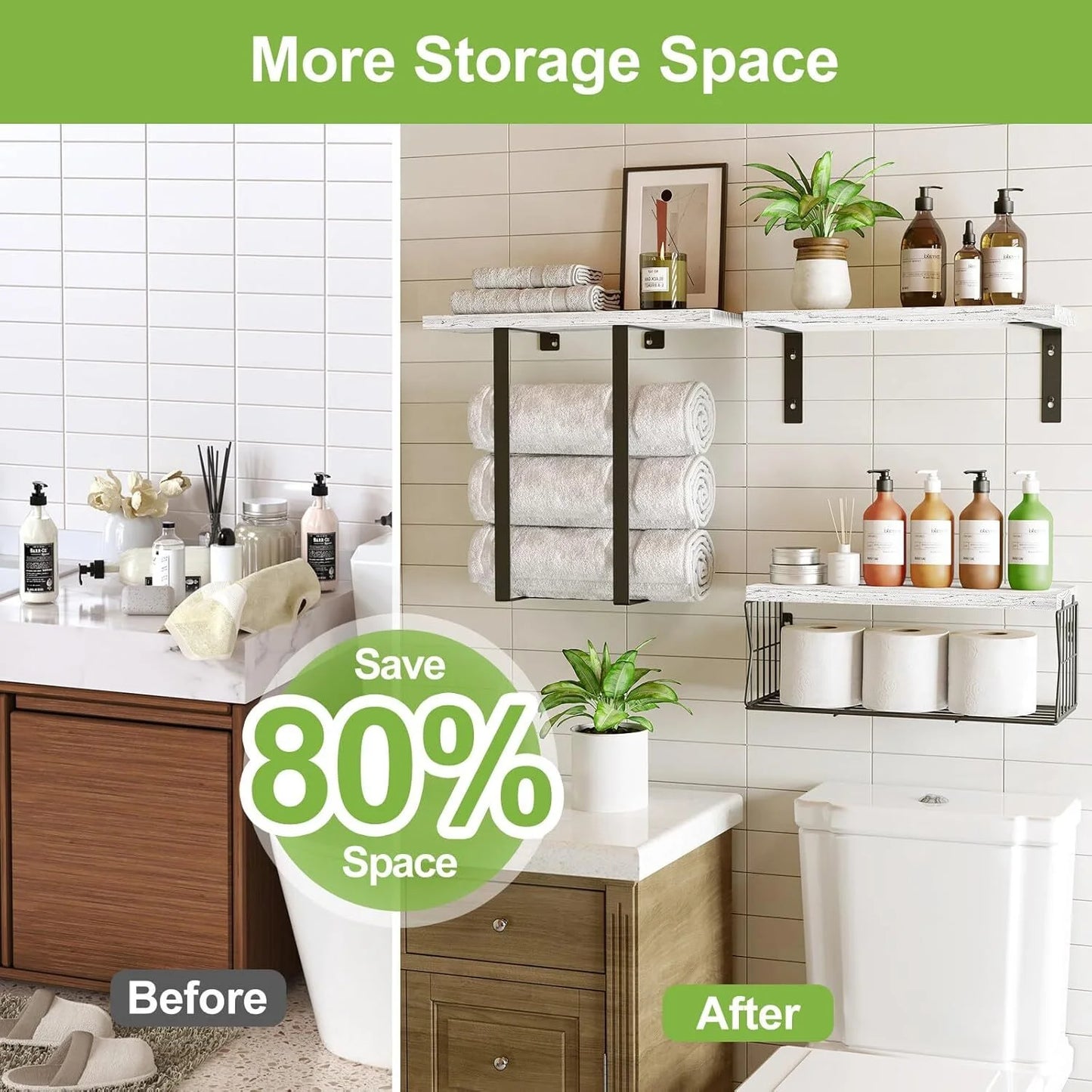 Floating Shelves, 3 Set Wall Mounted Wood Bathroom Shelves,with Towel Rack Paper Holder Storage for Bathroom, Kitchen, Living Room, Light Wood Color