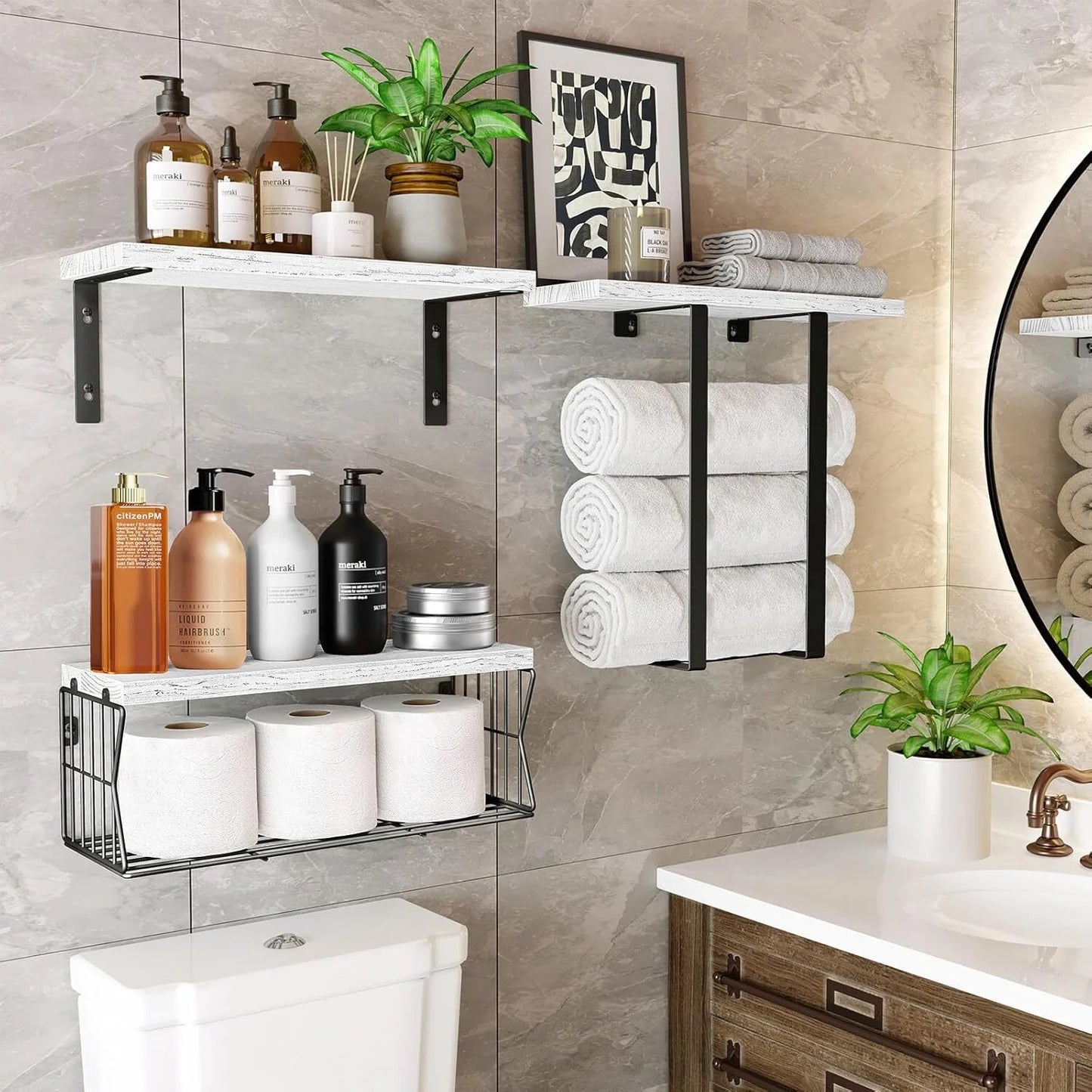Floating Shelves, 3 Set Wall Mounted Wood Bathroom Shelves,with Towel Rack Paper Holder Storage for Bathroom, Kitchen, Living Room, Light Wood Color