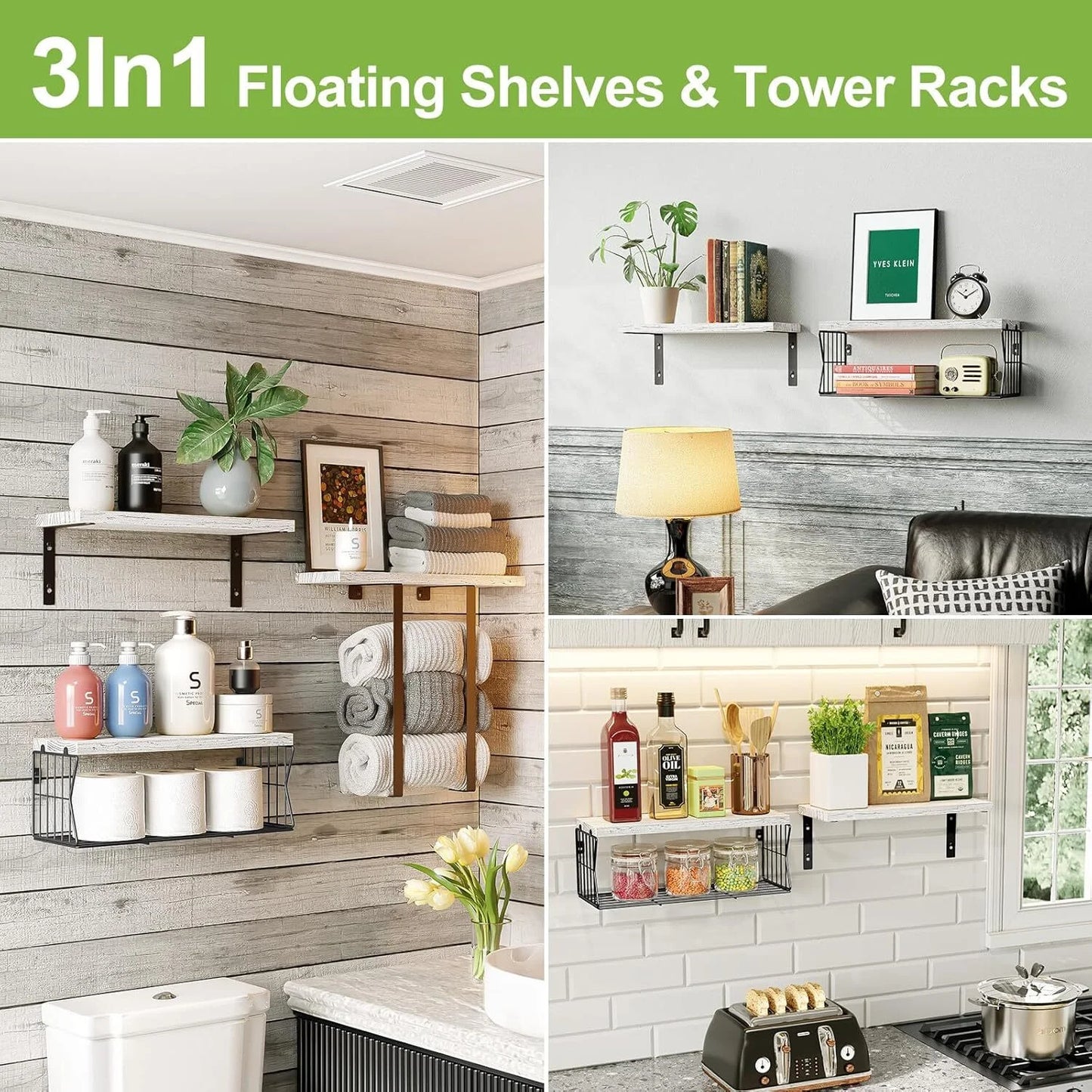 Floating Shelves, 3 Set Wall Mounted Wood Bathroom Shelves,with Towel Rack Paper Holder Storage for Bathroom, Kitchen, Living Room, Light Wood Color