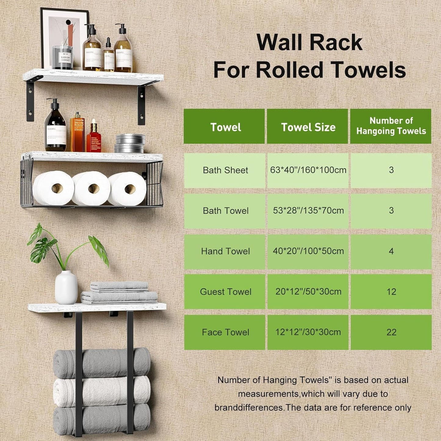 Floating Shelves, 3 Set Wall Mounted Wood Bathroom Shelves,with Towel Rack Paper Holder Storage for Bathroom, Kitchen, Living Room, Light Wood Color