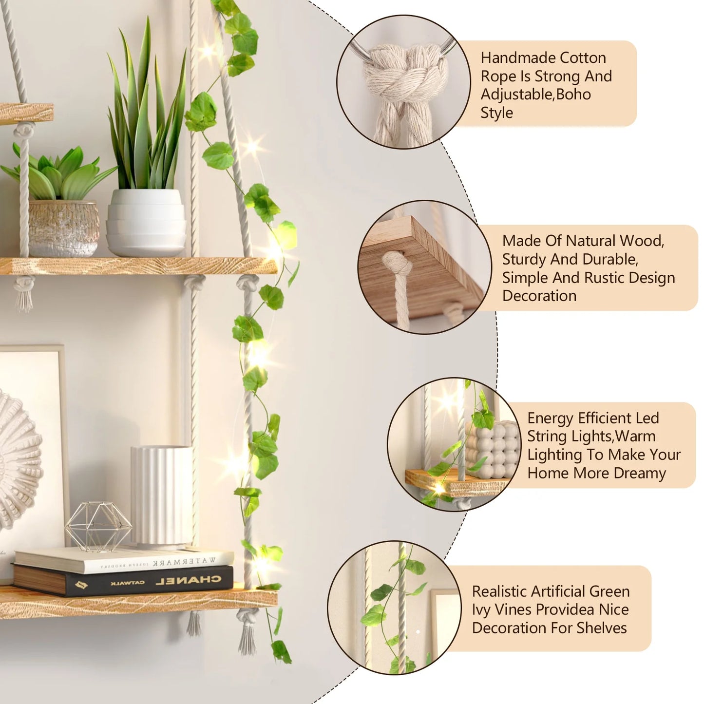Hanging Shelves Boho Decorative Wood Sheves for Wall Hanging, Hanging Plant Shelf with Lights Floating Swing Storage Shelves, Indoor Wall Shelf Adjustable Rope