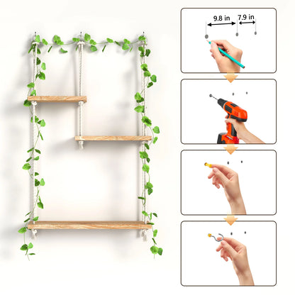 Hanging Shelves Boho Decorative Wood Sheves for Wall Hanging, Hanging Plant Shelf with Lights Floating Swing Storage Shelves, Indoor Wall Shelf Adjustable Rope