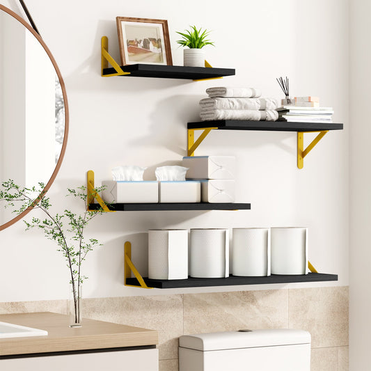 Fairy Floating Shelves, Rustic Wood Shelves, 4 Sets of Wall Mounted Shelf, 4.3x6.1x16.5inches, Black & Gold