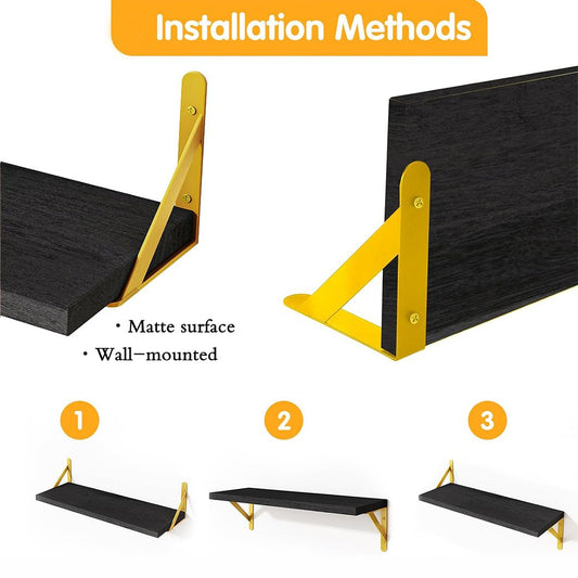 Fairy Floating Shelves, Rustic Wood Shelves, 4 Sets of Wall Mounted Shelf, 4.3x6.1x16.5inches, Black & Gold