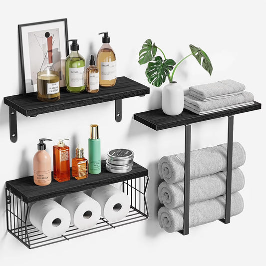 Floating Shelves, 3 Set Wall Mounted Wood Bathroom Shelves,with Towel Rack Paper Holder Storage for Bathroom, Kitchen, Living Room, Light Wood Color