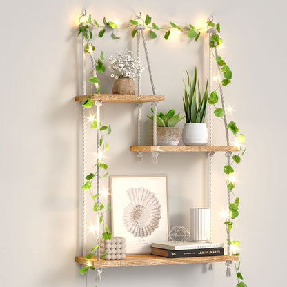Hanging Shelves Boho Decorative Wood Sheves for Wall Hanging, Hanging Plant Shelf with Lights Floating Swing Storage Shelves, Indoor Wall Shelf Adjustable Rope