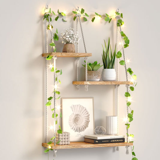 Hanging Shelves Boho Decorative Wood Sheves for Wall Hanging, Hanging Plant Shelf with Lights Floating Swing Storage Shelves, Indoor Wall Shelf Adjustable Rope