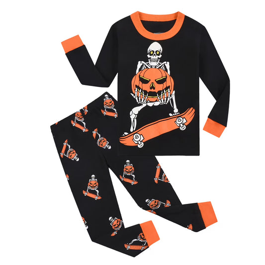 Kids Boys Halloween Pajamas Set Unisex Skeleton Long Sleeve Sweatshirts with Pants Set Halloween Kids Boy Pajamas Size 8-9 Years