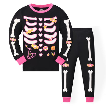 Kids Boys Halloween Pajamas Set Unisex Skeleton Long Sleeve Sweatshirts with Pants Set Halloween Kids Boy Pajamas Size 8-9 Years