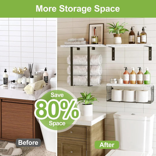 Floating Shelves, 3 Set Wall Mounted Wood Bathroom Shelves,with Towel Rack Paper Holder Storage for Bathroom, Kitchen, Living Room, Light Wood Color