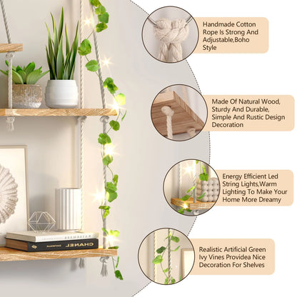 Hanging Shelves Boho Decorative Wood Sheves for Wall Hanging, Hanging Plant Shelf with Lights Floating Swing Storage Shelves, Indoor Wall Shelf Adjustable Rope